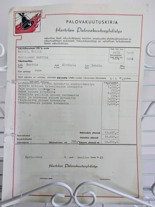 Palovakuutuskirja v.1967 Hartolan Palovakuutusyhdistus