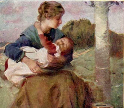 ÄITI / Nukkuva lapsi äidin sylissä, saviruukku. 1900-l.