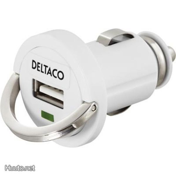 Deltaco USB minilaturi autoon, USB A liitos, 1A, valk. UUSI