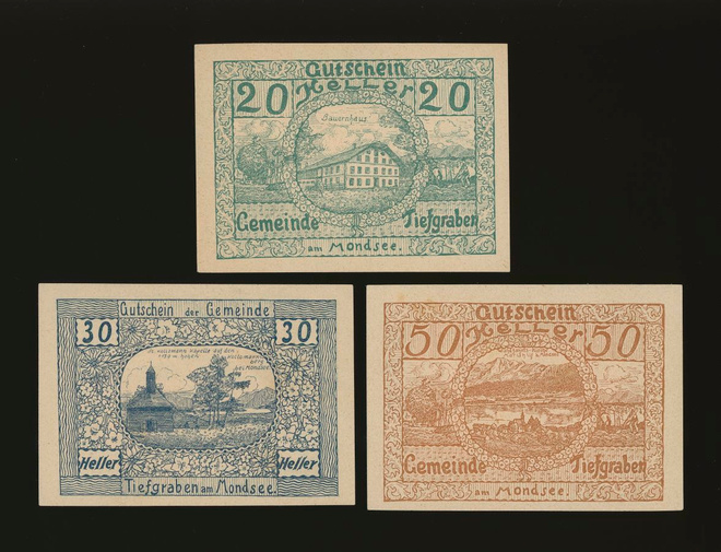 Itävalta Notgeld 20, 30, 50 Heller, Tiefgraben 1920