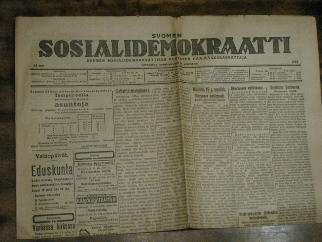 Sanomalehti  Suomen Sosialidemokraatti 16.3.1922