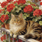Pitkäkarvainen kissa ja pelargoniat - pikkukuva 1