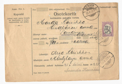 # 23907 # Osoitekortti Mäntyharju Ra > Kerava - 1922