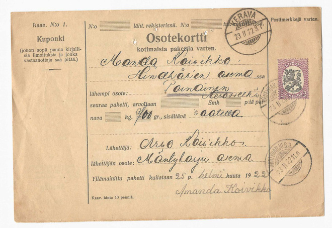 # 23907 # Osoitekortti Mäntyharju Ra > Kerava - 1922