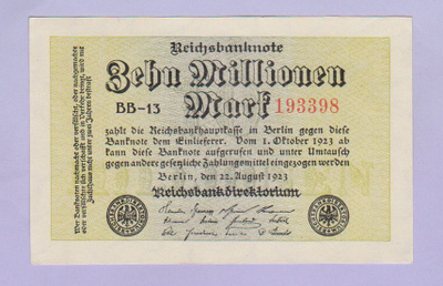 Saksa 10 Millionen Mark Reichsbanknote v.1923 AUNC P-106b