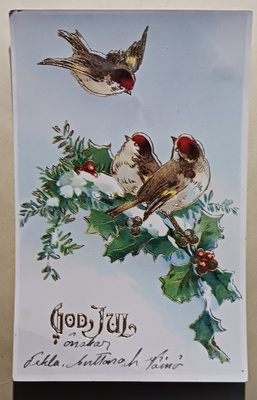 Linnut rautatammen oksalla, vanha joulupk, k. k-k