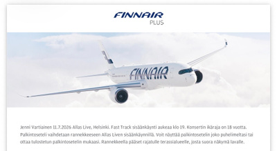 2 kpl Jenni Vartiainen 11.7. Allas Live VIP / Finnair Plus
