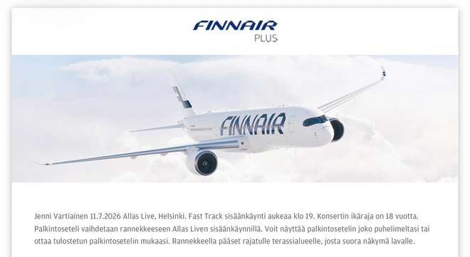 2 kpl Jenni Vartiainen 11.7. Allas Live VIP / Finnair Plus