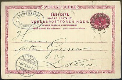 Ruotsi 1894 10 ören ehiökortti Saksaan, taite