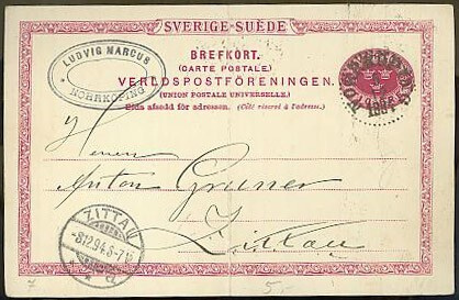 Ruotsi 1894 10 ören ehiökortti Saksaan, taite