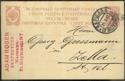 Venäjä 1912 4 kop ehiökortti Varsovasta Saksaan