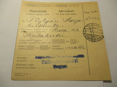 1925 Tampere Suojeluskuntain vapaapakettikortti Pöytyälle