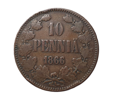 10 Penniä 1866 - Variantti 1.6 Päällelyönti - harvinainen!!!