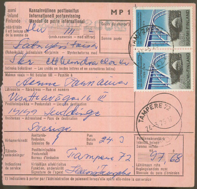 1974 TVL pari postiosoitus Ruotsiin