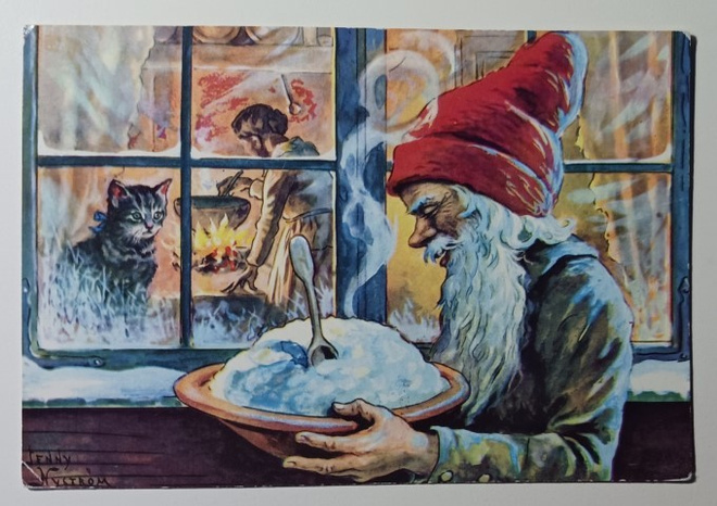 Jenny Nyström: Tonttu puurovadilla ikkunan ääressä, p. 1973
