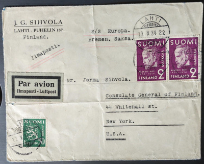 Lento/laiva -kirje Kivi-merkein, Lahti-New York 1934