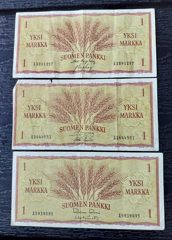 1 markka seteli 1963 3 kappaletta Ä ja Å alkuiset