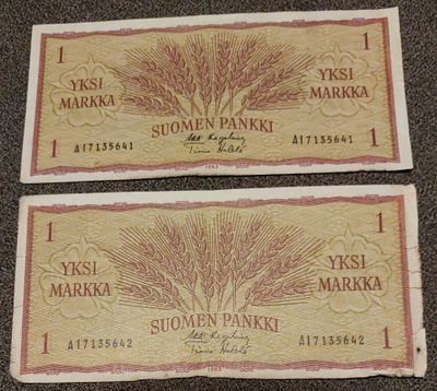 1 yksi markka 1963 peräkkäiset sarjanumerot