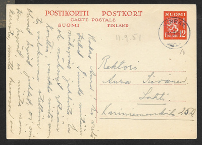 Postil. - Ehiö Yl.m. 12mk (LAPE 104) Virrat 11.9.1951