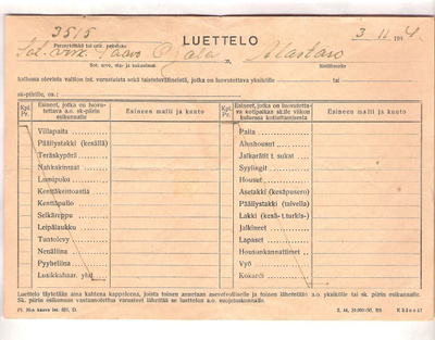 Varusteluettelo, 1944.