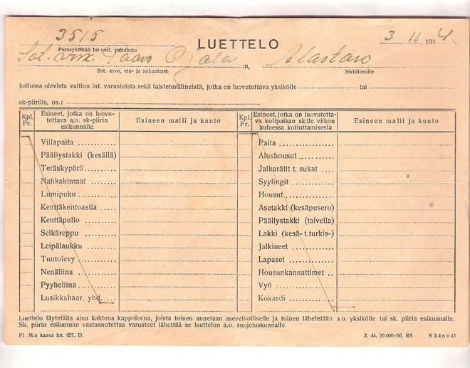 Varusteluettelo, 1944.