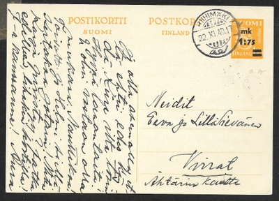 Postil. - Ehiö 1,75/1,25mk (LAPE 71) Riihimäki 22.11.1940