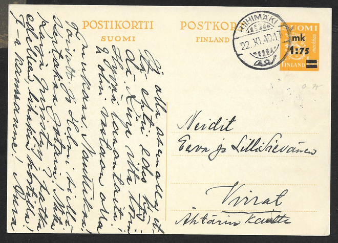 Postil. - Ehiö 1,75/1,25mk (LAPE 71) Riihimäki 22.11.1940
