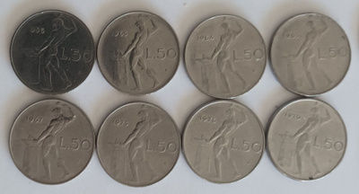 9 kpl Italia 50 lire1956-1979, 4 kuvaa