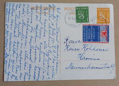 Vanha kirjekortti, kirjeensulkija Kansalliset Nuoret 1947