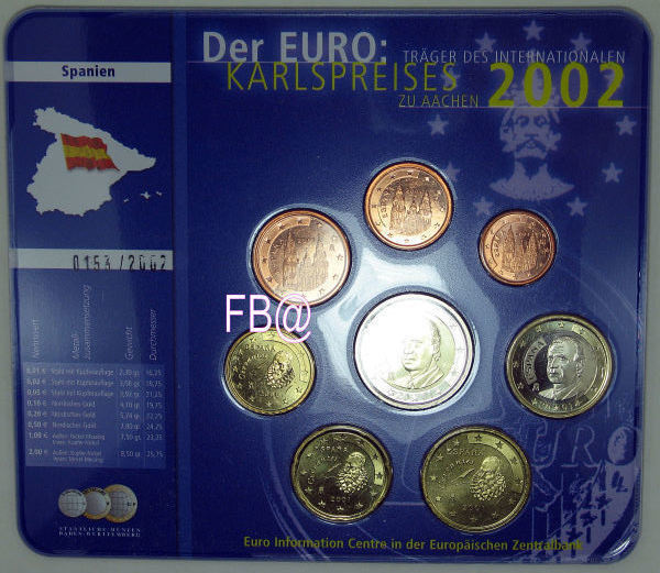 2001 ESPANJA 1c- 2euro Karlspreises BU setti