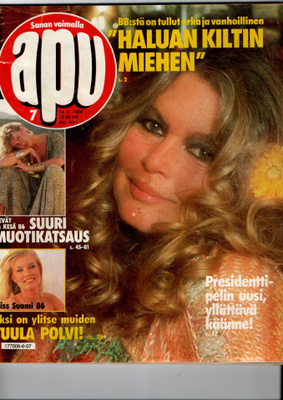 Aou n:o 7 1986 Miss Suomi-ehdokkaat.  Brigitte Bardot. Satu.
