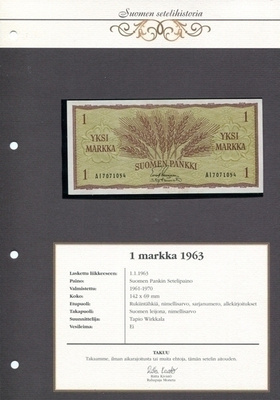 * Suomen Markka 1963 Seteli + Aitoustodistus Uusi Koskematon