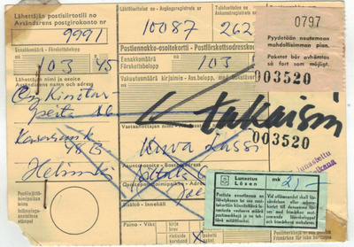 M63 1963 1 mk Hki pari postiennakkopaketin palautus