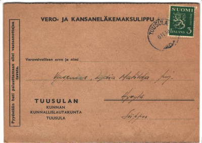 POSTILÄHETYS TUUSULA VEROLIPPU