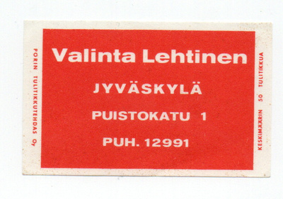 Porin Tulitikkutehdas Valinta Lehtinen.  Jyväskylä. Etiketti