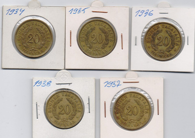 1934-38 5 markkaa 5kpl kl6-8