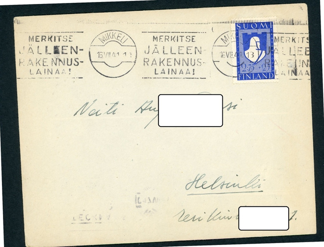 1941 Asevelimerkki lähetys Mikkeli 16.7.1941