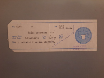 signatuuri Helsinki Malmi malli  II apteekki, leima -68