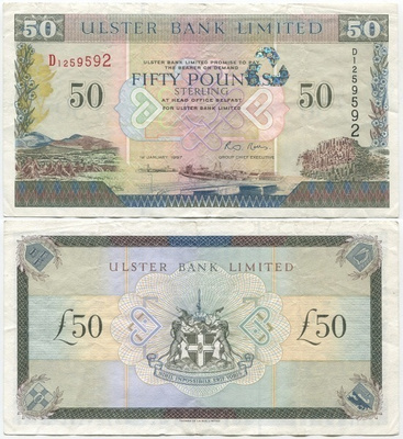 Pohjois-Irlanti Ulster Bank Ltd 50 Pounds 1997 (P-338) VF+
