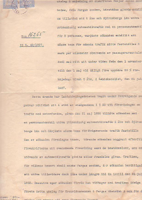 Asiakirja, lupa vuokra-autoiluun, 1927, ruotsinkielinen.