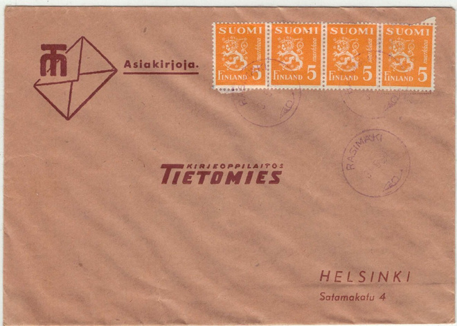 M30 1946 5mk kelt. 4-rivilö asiakirjojalähetys