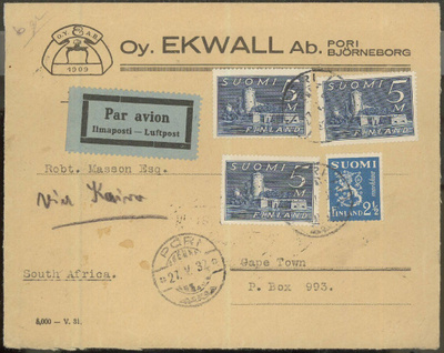 M30 1932 lentokirje Etelä-Afrikkaan 27.5.1932