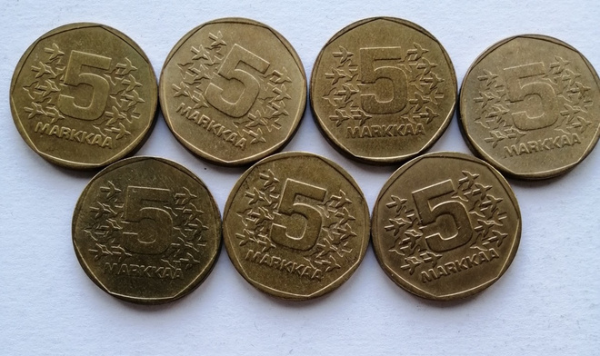 5 markkaa alpr 1972, -73, -74, -75, -76, -77 ja 1978