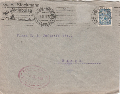1916, Kirje HELSINGISTÄ HANKOON, sensuurileima