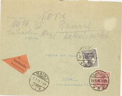 Saksa Mi 101 ym postiennakkokirje Danzigista 1919