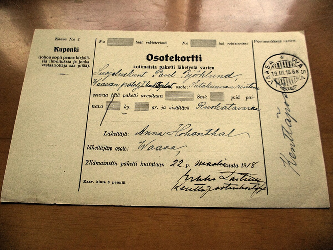1918 Oulu kenttäpostipakettikortti Merikarvialle