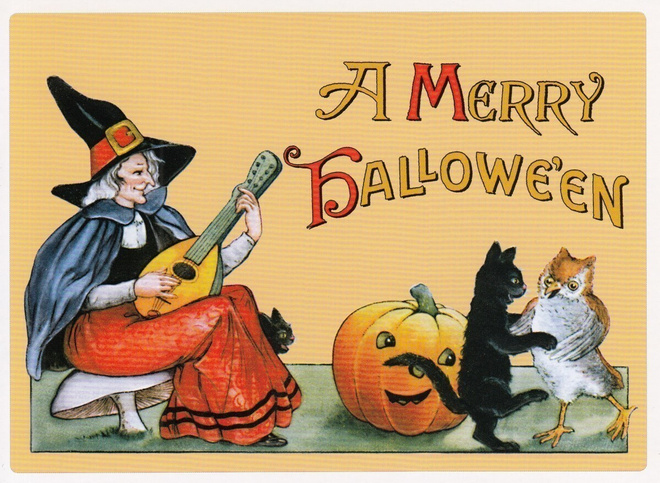 Halloween noita soittaa tanssijoille (isohko postikortti)