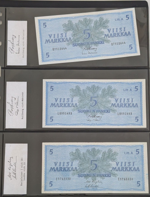 5 Markkaa 1963, virheellisyydet allekirjoituksissa, 3kpl