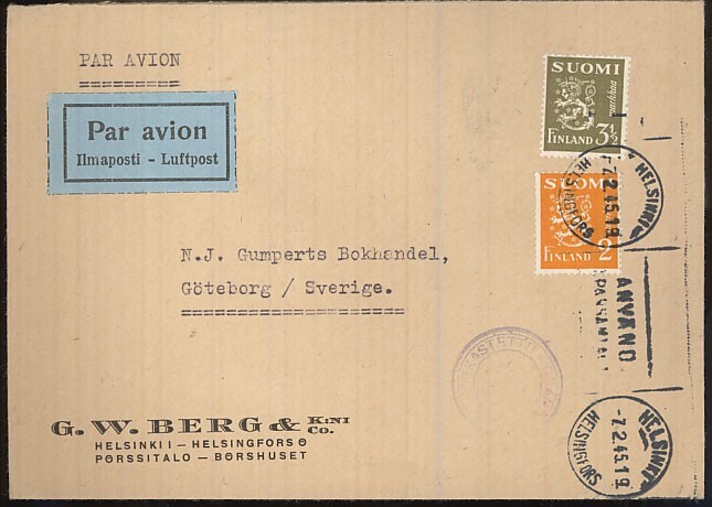 M30 1945 lentokirje Ruotsiin