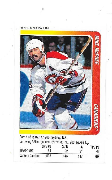 1991-92 Panini #188 Mike McPhee Montreal Canadiens